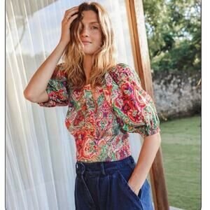 Cleobella Aminah Puff Sleeves Smocked Cropped Top in Print Panama NWT Size XS